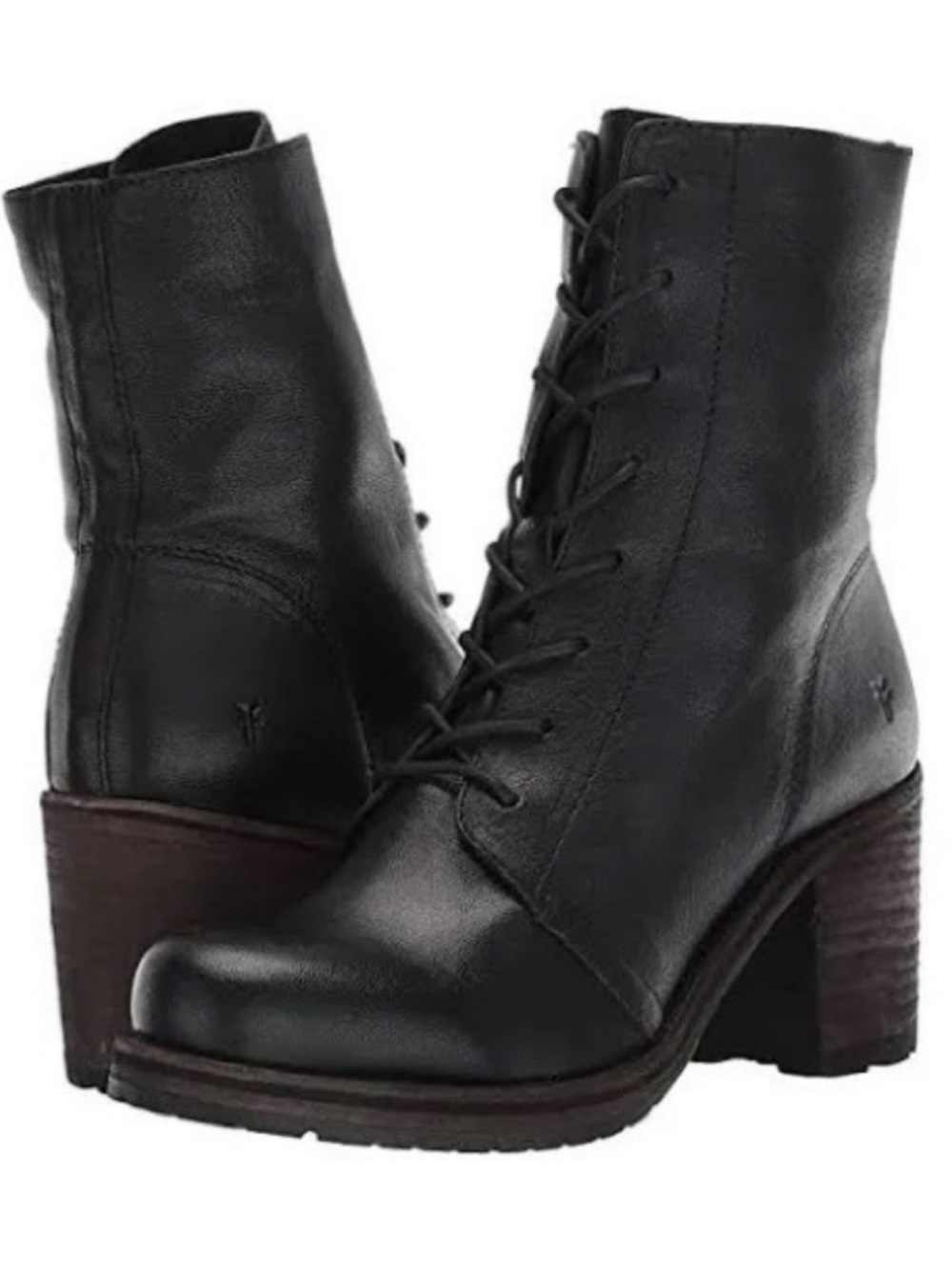 Frye Karen black leather lace up block heel combat boots